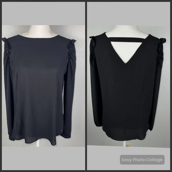 Loft Womens XS Black Blouse Top Long Sleeve w/ Ruffle Back Cutout Semi Sheer NWT - Picture 1 of 10